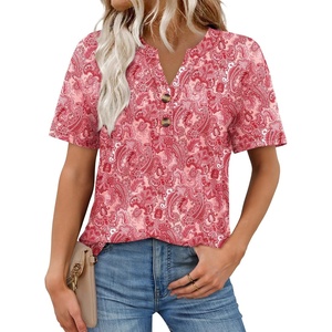 image:imageWomens Short Sleeve Tops Dressy Casual V Neck Oversized Summer Trendy Shirts Business Work BlousesRose Red Print