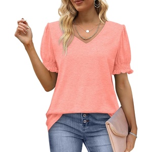 image:imageWomens Tops V Neck Ruffle Puff Sleeve Summer Fashion Casual Loose Fit T Shirts01coral Pink