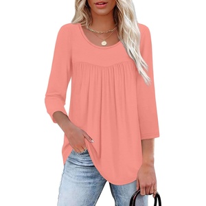 image:imageXIEERDUO 34 Length Sleeve Womens Tops Crew Neck Pleated Blouses For Women Dressy Casual Tunic Shirts S3XLCoral