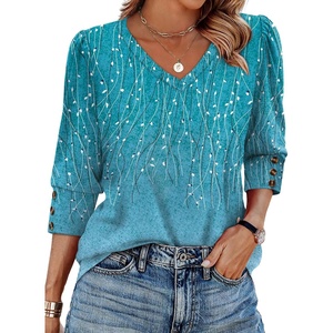 image:imageXIEERDUO 34 Length Sleeve Womens Tops V Neck Blouses with Buttons CasualFblue Dotted Lines