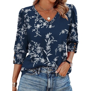 image:imageXIEERDUO 34 Length Sleeve Womens Tops V Neck Blouses with Buttons CasualFblue Floral