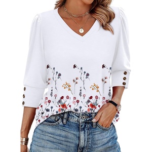 image:imageXIEERDUO 34 Length Sleeve Womens Tops V Neck Blouses with Buttons CasualFdandelion