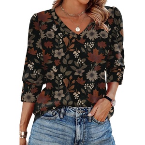 image:imageXIEERDUO 34 Length Sleeve Womens Tops V Neck Blouses with Buttons CasualFdark Floral Leaf