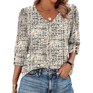 image:imageXIEERDUO 34 Length Sleeve Womens Tops V Neck Blouses with Buttons CasualFgrid Texture