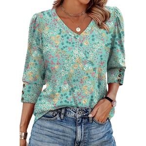 image:imageXIEERDUO 34 Length Sleeve Womens Tops V Neck Blouses with Buttons CasualFpink Green Floral