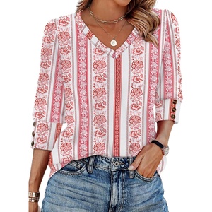image:imageXIEERDUO 34 Length Sleeve Womens Tops V Neck Blouses with Buttons CasualFred Floral Stripe