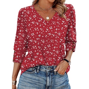 image:imageXIEERDUO 34 Length Sleeve Womens Tops V Neck Blouses with Buttons CasualFred White Dot