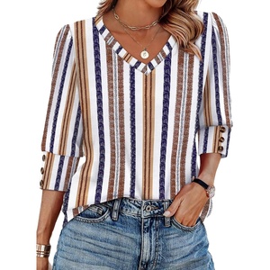 image:imageXIEERDUO 34 Length Sleeve Womens Tops V Neck Blouses with Buttons CasualFretro Stripe