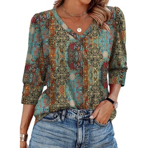 image:imageXIEERDUO 34 Length Sleeve Womens Tops V Neck Blouses with Buttons CasualFvintage Boho