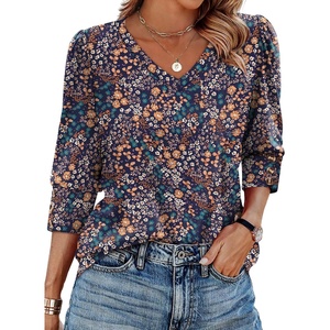 image:imageXIEERDUO 34 Length Sleeve Womens Tops V Neck Blouses with Buttons CasualFvintage Floral