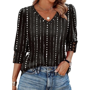 image:imageXIEERDUO 34 Length Sleeve Womens Tops V Neck Blouses with Buttons CasualFwhite Striped Black