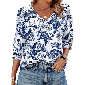 image:imageXIEERDUO 34 Length Sleeve Womens Tops V Neck Blouses with Buttons CasualFwhite Tribal Blue Floral