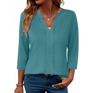 image:imageXIEERDUO 34 Length Sleeve Womens Tops V Neck Pleated Work Blouses Dressy Casual Summer Tops 2025 TrendyBlue Green