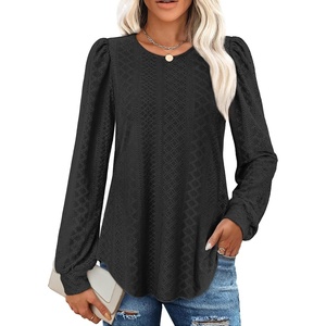 image:imageXIEERDUO Blouses for Women Dressy Casual Crew Neck Eyelet Tops Long Sleeve Shirts Puff Sleeve Tunics with Curved HemAblack