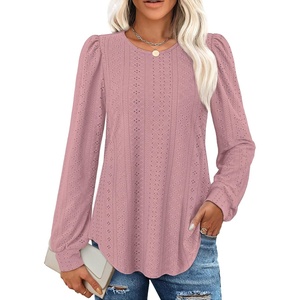 image:imageXIEERDUO Blouses for Women Dressy Casual Crew Neck Eyelet Tops Long Sleeve Shirts Puff Sleeve Tunics with Curved HemCmaruve