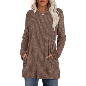 image:imageXIEERDUO Long Sleeve Shirts for Women Crewneck Tunic Tops Loose Fit Dressy Womens Sweaters with Pockets Fall Fashion 2026Khaki