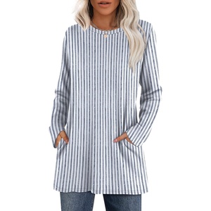 image:imageXIEERDUO Long Sleeve Shirts for Women Crewneck Tunic Tops Loose Fit Dressy Womens Sweaters with Pockets Fall Fashion 2026Patternedblue Stripe