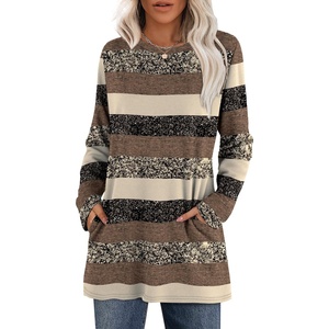 image:imageXIEERDUO Long Sleeve Shirts for Women Crewneck Tunic Tops Loose Fit Dressy Womens Sweaters with Pockets Fall Fashion 2026Patternedbrown Stripe