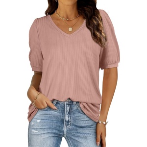 image:imageXIEERDUO T Shirt for Women Casual Round Neck Ruffled Sleeves Tunic Top01pink