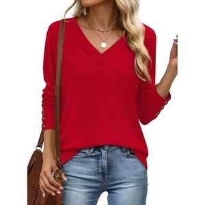 image:imageXIEERDUO Thermal Fall Outfits 2025 Dressy Casual Womens Sweater Fashion Clothing V Neck Tunic TopsRed