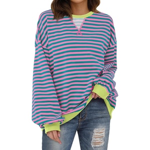 image:imageXIEERDUO Womens Crewneck Oversized Sweatshirt Striped Color Block Tops Long Sleeve Shirts Pullover Sweaters Y2K Clothes01 Striped Pink