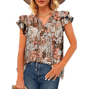 image:imageXIEERDUO Womens Summer Tops Ruffle Short Sleeve V Neck Chiffon Blouses Flowy T ShirtsDkhaki