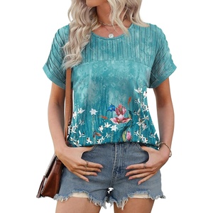image:imageXIEERDUO Womens T Shirts Casual Summer Tops Pleated Crewneck Short Sleeve Blouses Trendy Beach Vacation ClothesZ Floral Green