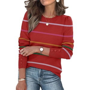 image:imageWomens Sweaters Fall Fashion 2025 Long Sleeve Button Cuff Soft Knit Pullover Trendy Tops Dressy Casual BlousesRed Stripes