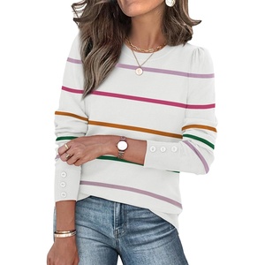 image:imageWomens Sweaters Fall Fashion 2025 Long Sleeve Button Cuff Soft Knit Pullover Trendy Tops Dressy Casual BlousesWhite Stripes