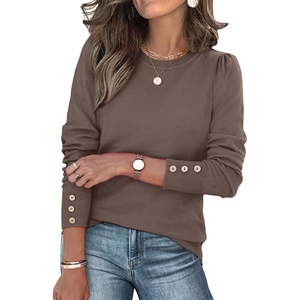 image:imageWomens Sweaters Fall Fashion 2026 Long Sleeve Button Cuff Soft Knit Pullover Trendy Tops Dressy Casual BlousesBrown