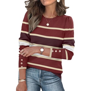 image:imageWomens Sweaters Fall Fashion 2026 Long Sleeve Button Cuff Soft Knit Pullover Trendy Tops Dressy Casual BlousesColored Stripes 1