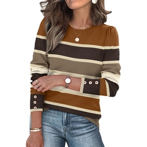 image:imageWomens Sweaters Fall Fashion 2026 Long Sleeve Button Cuff Soft Knit Pullover Trendy Tops Dressy Casual BlousesColored Stripes 2
