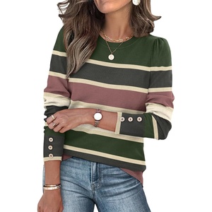 image:imageWomens Sweaters Fall Fashion 2026 Long Sleeve Button Cuff Soft Knit Pullover Trendy Tops Dressy Casual BlousesColored Stripes 3