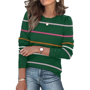 image:imageWomens Sweaters Fall Fashion 2026 Long Sleeve Button Cuff Soft Knit Pullover Trendy Tops Dressy Casual BlousesGreen Stripes