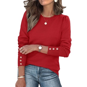 image:imageWomens Sweaters Fall Fashion 2026 Long Sleeve Button Cuff Soft Knit Pullover Trendy Tops Dressy Casual BlousesRed