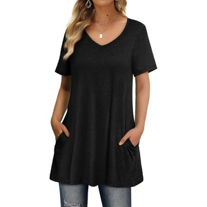 image:imageXIEERDUO Womens T Shirts Summer Casual Tees Short Sleeve V Neck Tops with PocketsA1black