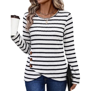 image:imageXIEERDUO Tunic Sweaters for Women Long Sleeve Shirts Crew Neck Tops with Buttons Fall Fashion Outfits Winter ClothingBlack White Striped
