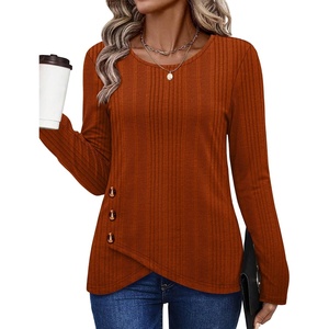 image:imageXIEERDUO Tunic Sweaters for Women Long Sleeve Shirts Crew Neck Tops with Buttons Fall Fashion Outfits Winter ClothingCaramel Brown