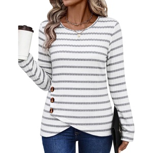 image:imageXIEERDUO Tunic Sweaters for Women Long Sleeve Shirts Crew Neck Tops with Buttons Fall Fashion Outfits Winter ClothingGray White Striped